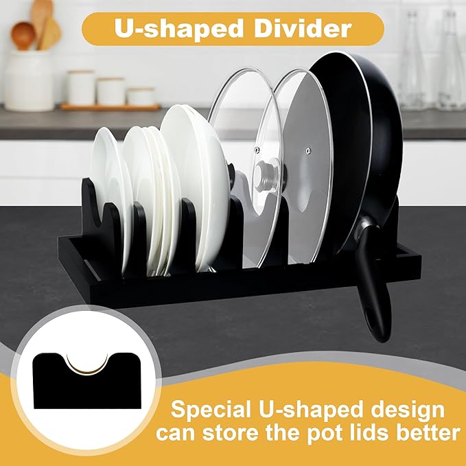 MinBoo Bamboo Pot Lid Organizer Pot Lid Holder, Pot and Pan Organizer Drawer Organizer for Pot Lids, Pans, Cutting Boards & Baking Sheets, Dinner Plates, Reusable Containers in Cabinet Storage, Black
