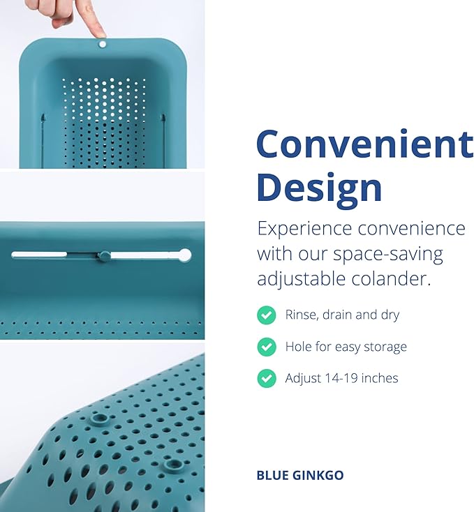 BLUE GINKGO Over the Sink Colander Strainer Basket - Wash Vegetables and Fruits, Drain Cooked Pasta and Dry Dishes - Extendable - New Home Kitchen Essentials (7.9 W x 14.5-19.5 L x 2.75 H) - Teal