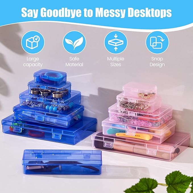 Goodma 4 Pieces Rectangular Plastic Boxes Empty Storage Organizer Containers with Hinged Lids for Small Items and Other Craft Projects (Blue, 7.1 x 4.3 x 1.2 inch)