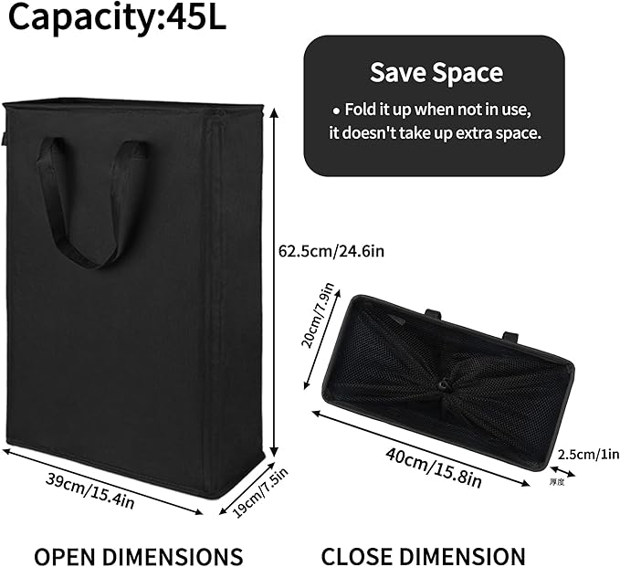 Odonata Slim Laundry Hamper, Collapsible Laundry Basket with Handles, Thin Dirty Clothes Basket, Narrow Laundry Bag, Foldable Dirty Hamper, 45L (Black)