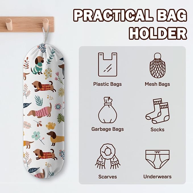 Plastic Bag Holder, Grocery Bag Organizer Storage, Kitchen Dispenser Holders Reusable Shopping with Free Adjustment Drawstring Closure for Home Kitchen Decor, Dachshund
