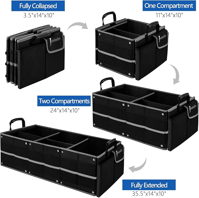 Trunk Organizer With Reflective Stripe For Car,Cargo Organizer For Suv With Non Slip Bottom Strips,3 Large Compartments Foldable Waterproof Portable Car Storage Box,2 Tie-Down Straps