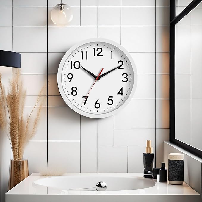 Wall Clock Modern Battery Operated 10 Inch Simple Silent Non-Ticking Analog Decorative for Kitchen Bathroom Bedroom Office Living Room School Classroom (White)