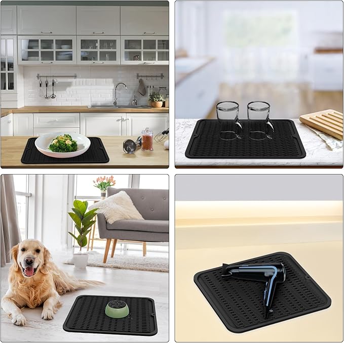 ZLR Silicone Dish Drying Mat for Kitchen Counter, Eco-Friendly Fast Dry Dish Mat, Easy Clean Multi Usage Drying Matt, Heat Resistant Trivet, 12" x 12" Middle, Black