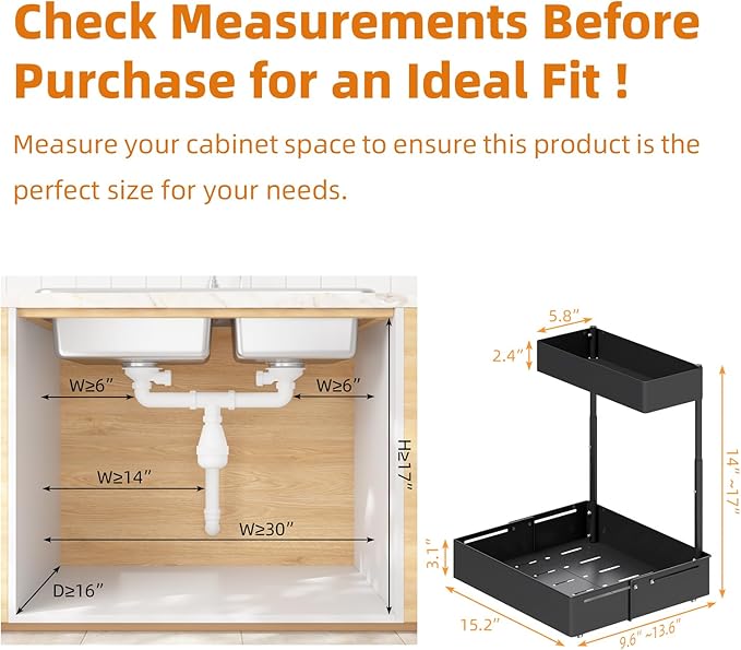2 Packs Under Sink Organizer with Adjustable Height and Width, Under Cabinet Organizer to Tidy, Sturdy Metal Design for Kitchen and Bathroom