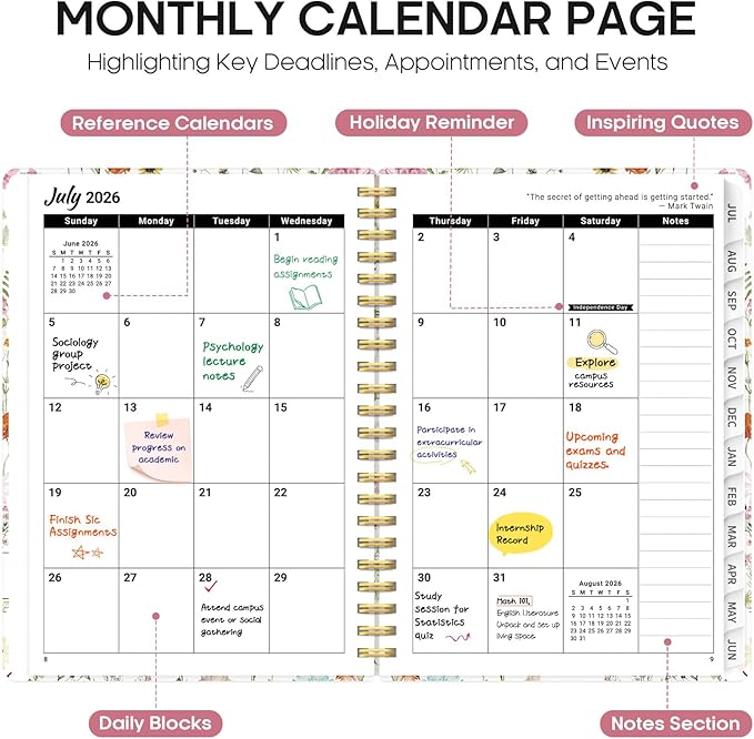 Planner 2026-2027, Academic Year Monthly and Weekly Calendar Planner, Jul 2026 - Jun 2027, Hardcover Teacher Student Planning Agenda book with Tabs, Perfect for School Office Supplies, 6.3" x 8.5" - Wildflowers