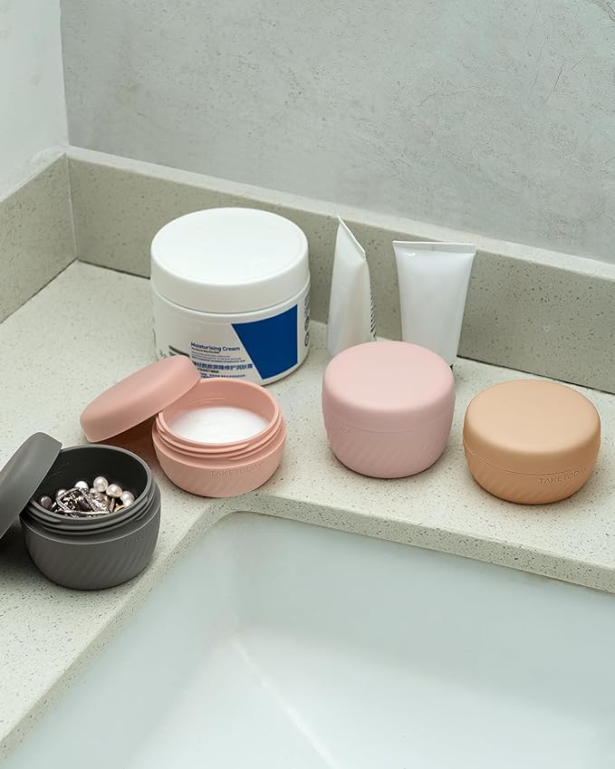 TakeToday Travel Containers for Toiletries, Leak-proof, TSA Approved, Refillable Silicone Cream Jars with Lid Travel Size Essential for Cosmetic toiletry Cream, 3oz, 4 Pack (Apricot)