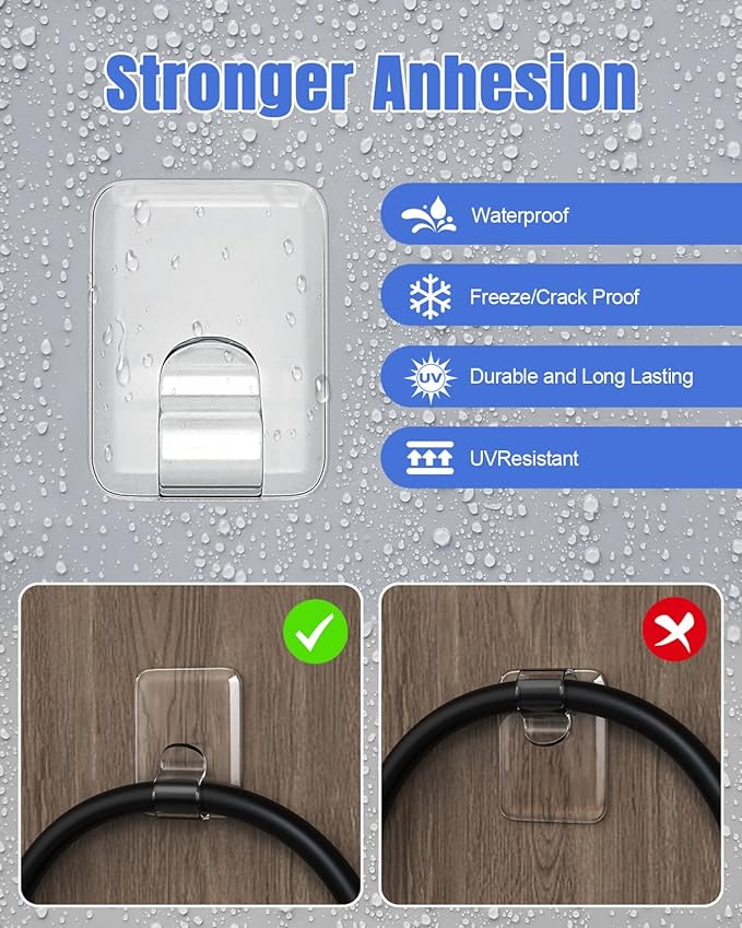 LZC Hooks for Outdoor String Lights Clips: 40 Pack Large Clear Rectangle Outdoor Light Clips Waterproof Adhesive Strips - Heavy Duty Outside Hanging Cable Rope Light Holders Organizer