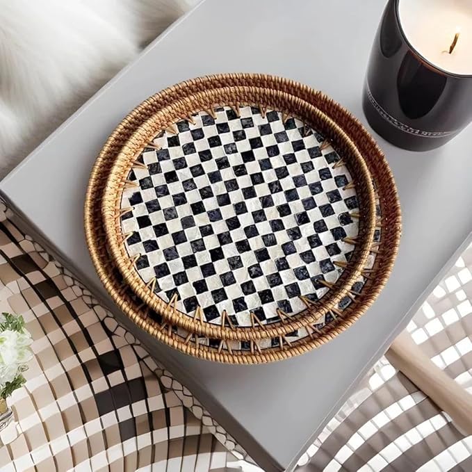 12" Large Rattan Serving Tray with Mother of Pearl, Decorative Coffee Table Trays for Home Decor, Large Wicker Woven Serving Tray Decor for Kitchen Counter,Living Room and Ottoman, Black
