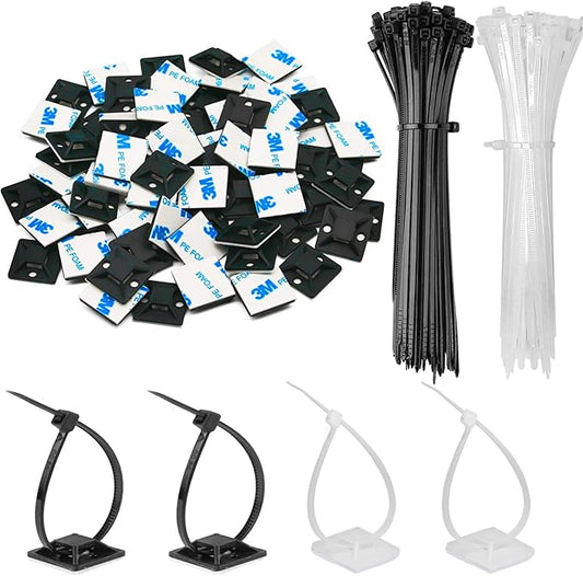 30 Pack 2 inch Zip Tie Adhesive Mounts Self Adhesive Cable Tie Base Holders with Multi-Purpose Tie wire clips with screw hole,Anchor stick on wire holder with 8 inch zip ties （Black&White）