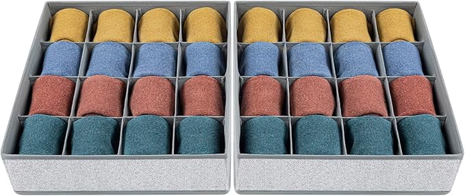 Joyoldelf Sock Drawer Organizer Divider Underwear Organizer 16-cell Fabric Dresser Drawer Organizers Storage Boxes for Socks, Lingerie, Handkerchiefs, Ties 2 Packs Gray