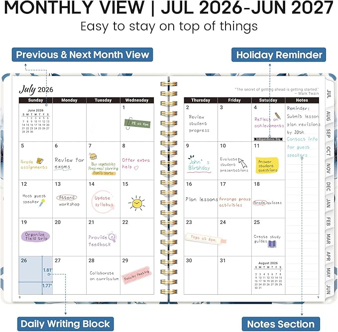 Academic Planner 2026-2027, Weekly and Monthly Calendar Book, July 2026 – June 2027, Hardcover Planner with Tabs, Perfect for Teachers, Students, Women & Men, A4 (8.5" x 11") - Watercolor Petal