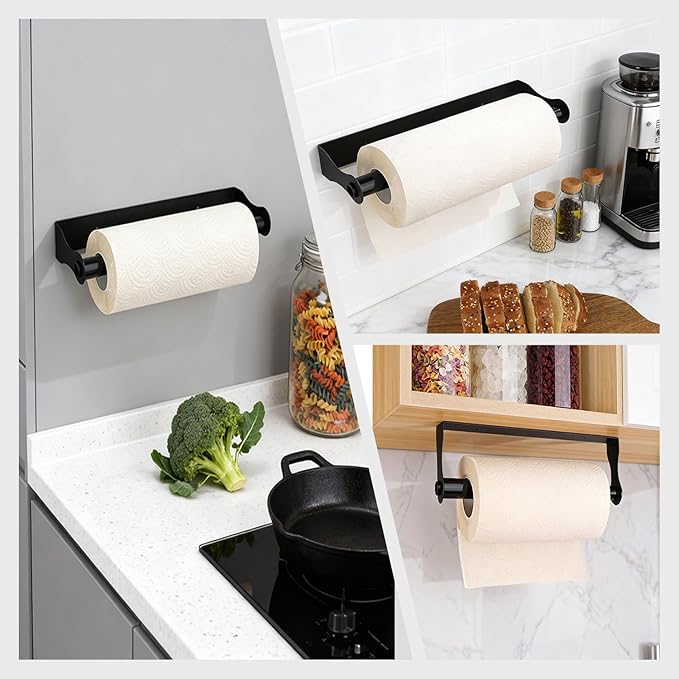 Wooden Under Cabinet Paper Towel Holder,Stainless Steel Under Counter Paper Towel Holder Wall Mount,Self Adhesive Kitchen Roll Rack for Kitchen Bathroom Garage RVs(Black)