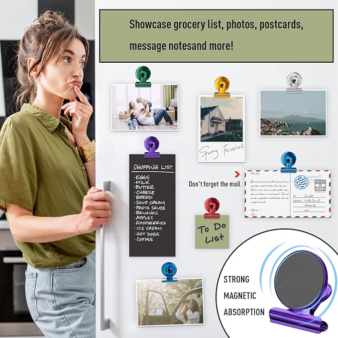 FINDMAG 12 Pack Magnetic Clips for Photo Display and Picture Hanging, Strong Fridge Magnets, Magnetic Christmas Light Clips for Whiteboard, Kitchen, Office, School, Purple, 30mm Wide