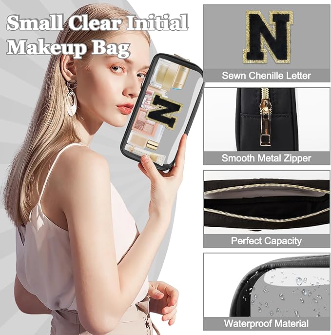 Small Clear Personalized Initial Makeup Bag,Nylon Preppy A-Z Chenille Letter Patch Cosmetic Pouch Beach Toiletry Bag,Waterproof Zipper Travel Purse Storage Bag Organizer for Women Girls(Black-Black N)