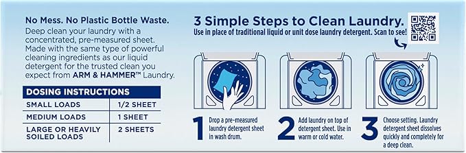 ARM & HAMMER Power Sheets Laundry Detergent, Fragrance Free, No Dyes or Perfumes, Lightweight and Travel-Friendly, 50 Count, Up to 100 Small Loads