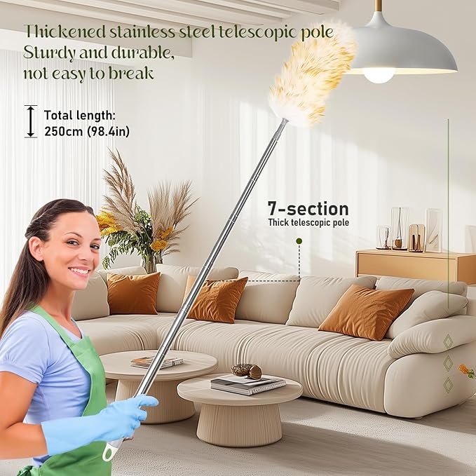 iHUFeather Lambswool Duster for Cleaning with Non-Slip Handle 98.4" Removable Retractable Feather Duster for Cleaning Ceiling Fans Window Blinds Interior Roof Furniture (1PCS)