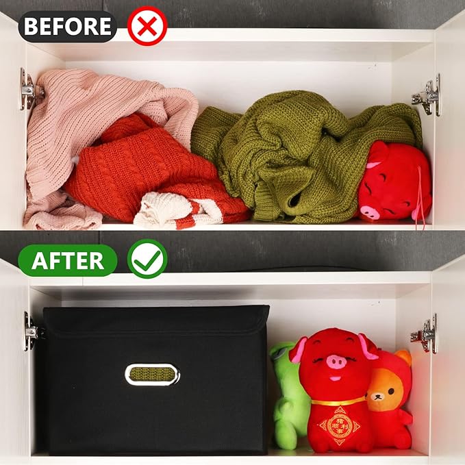 Fabric Foldable Collapsible Storage Cube Bin Organizer Basket with Lid, Handles, Removable Divider for Home, Closet (Black, 6Pcs)