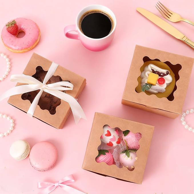 Moretoes 50pcs Cookie Boxes with Window, 4x4x2.5 Inches Brown Bakery Boxes Pastry Container for Small Cookies, Treats and Desserts