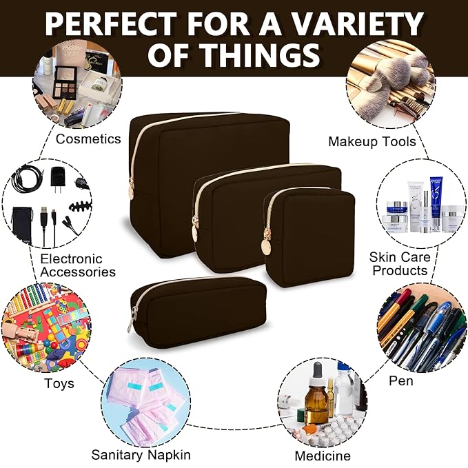 Small Makeup Pouch for Purse, Nylon Travel Toiletry Storage Pouch Cute Preppy Cosmetic Bag for Women Girls, Waterproof Makeup Organizer Skincare Bag Purse with Zipper (Small-Chocolate)