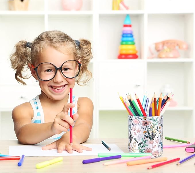 WAVEYU Pen Holder for Women Girls, Aesthetic Desk Office Accessories, Cute Floral Makeup Brush Holder, Leather Multi-Functional Organizer for Office, Home, Classroom, White Flower