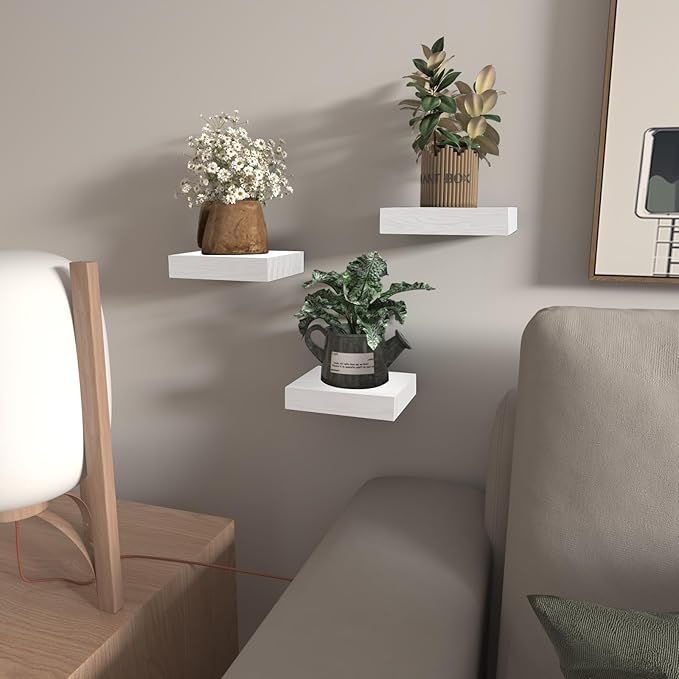 Small Floating Shelves for Wall - 6 Inch Mini Square White Shelves for Bedroom, Living Room, Bathroom, Kitchen, Office Decor Set of 3