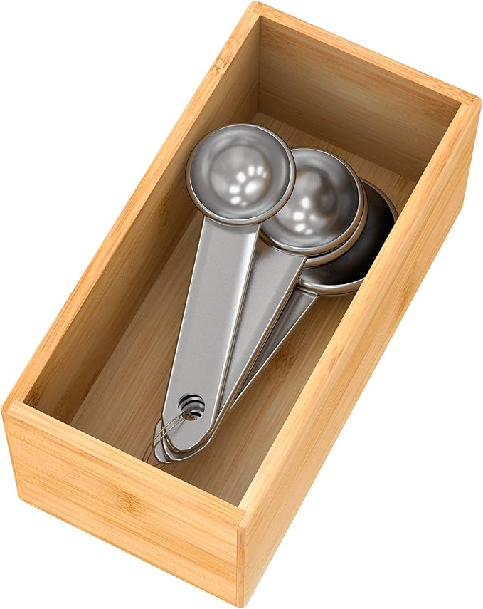 Bamboo Drawer Organizer Utensil Holder for Kitchen, Small Wood Silverware Storage Organizer, Stackable Box Tray for Cutlery, Flatware, Bathroom Caddy for Makeup, Perfume, Jewelry, 6x3x2.5 Inch
