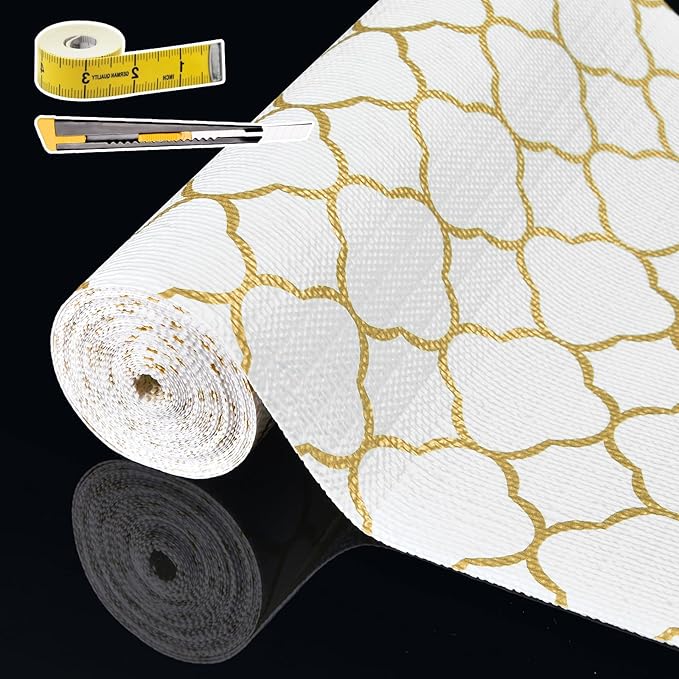Shelf Liners for Kitchen Cabinets 12in x 20FT Non Adhesive Drawer Liner Gold Quatrefoil Thickened Shelf Liner Paper Strong Non-Slip Easy to Clean for Tool Box Refrigerator with Knife and Tape Measure