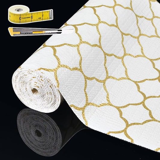 Shelf Liners for Kitchen Cabinets 12in x 20FT Non Adhesive Drawer Liner Gold Quatrefoil Thickened Shelf Liner Paper Strong Non-Slip Easy to Clean for Tool Box Refrigerator with Knife and Tape Measure
