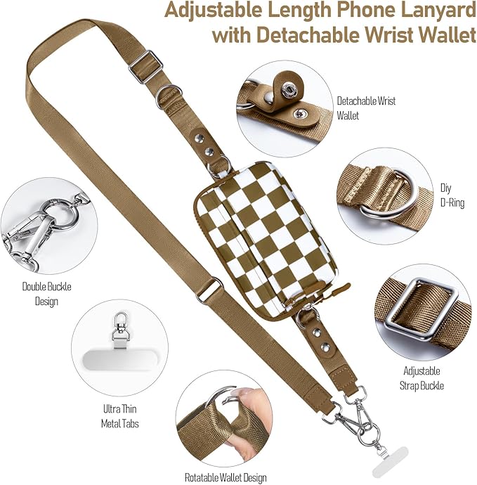 Clip and Go Strap for Phone with Wallet Crossbody Phone Lanyard and Detachable Checkered Bag with ID Window and RFID Pouch for Daily Travel.