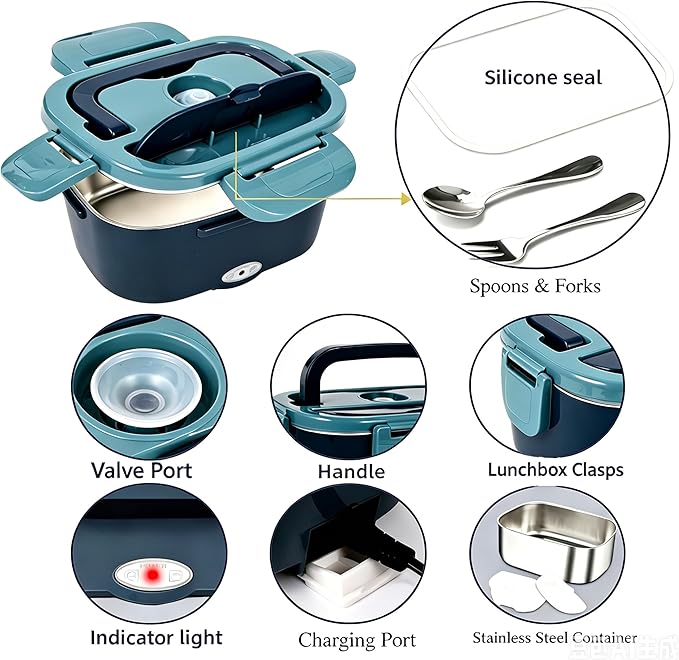 Electric Lunch Box, 80W Heated Lunch Box for Adults, 1.5L Fast Heating Lunch Box Warmer for Car/Truck/Work/Travel,12V/24V/110V Portable Food Warmer