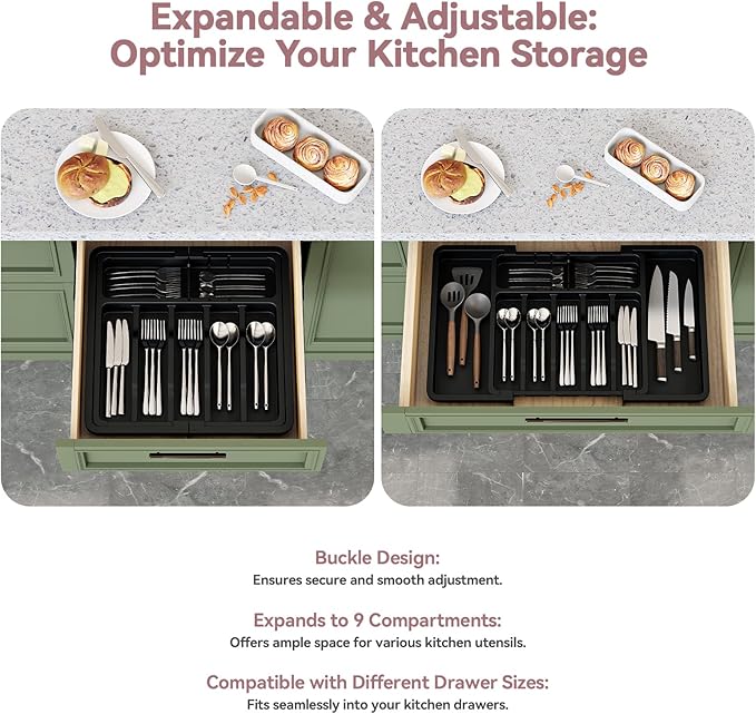 2 Pack Silverware Organizer, Expandable and Adjustable Kitchen Utensil Drawer Organizer, Plastic Cutlery Holder with Multiple Compartments, Cutlery Holder, for Spoons Forks Knives, Black, UAFD012B