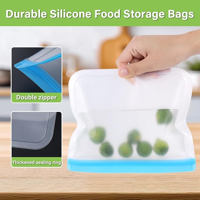 20Pack Extra Thick Silicone Gallon Freezer Bags, Reusable Sandwich & Storage Bags - Eco-Friendly Reusable Zip Lock Bags, Freezer Storage Bags, Safe for Cooking, Dishwasher & Organization