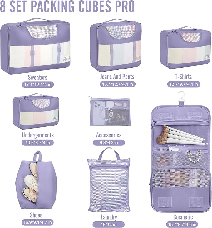 Veken 8 Set Packing Cubes for Travel Essentials, Suitcase Organizer Bags in 4 Sizes, Carry-On Luggage Accessories with Large Laundry & Hanging Toiletry Bag, Must-Have for Airplane, Road Trip & Camping