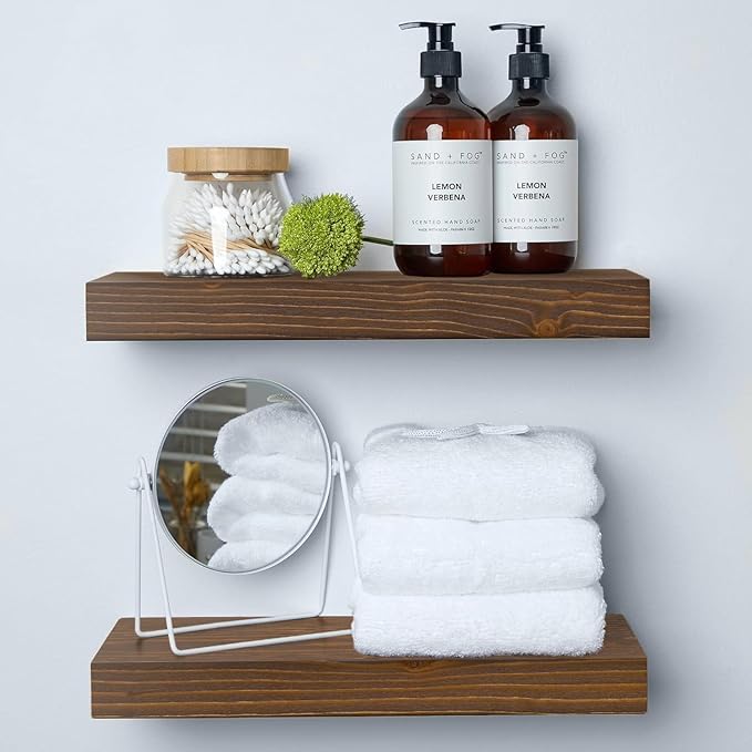 Homeforia Classic Walnut 16 inch Floating Shelf, High End Solid Real Wood Small 16inch Floating Shelves for Wall Mounted, 16in Floating Shelves, Heavy Duty Bracket, 16 X 6.5 X 1.75 inches, Set of 4