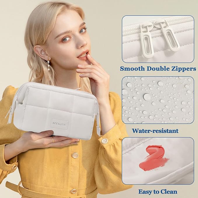 Makeup Bag Travel Toiletry Bag - Cute Make Up Bag, Waterproof Cosmetic Bag with Multiple Compartments, Wide-open Makeup Pouch for Cosmetics, Toiletries, and Travel Essentials, Beige