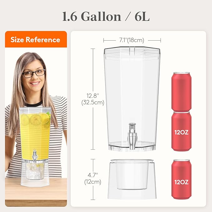 Lifewit 1.6 Gallon Drink Dispenser for Parties, 6L Plastic Beverage Container with Stand for Juice/Tea/Soda & Lemonade, Clear Water Pitcher with Spigot for Mimosa Bar Hosting 39 x 16 cm/15x6"