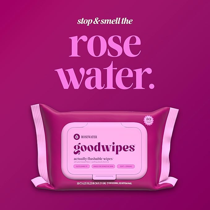 goodwipes Flushable Wipes for Adults - Rosewater Butt Wipes for Women & Men, Septic Safe, Toilet & Bathroom Essentials, Extra Large, 318 Count (6 Packs and 1 Travel Pack)