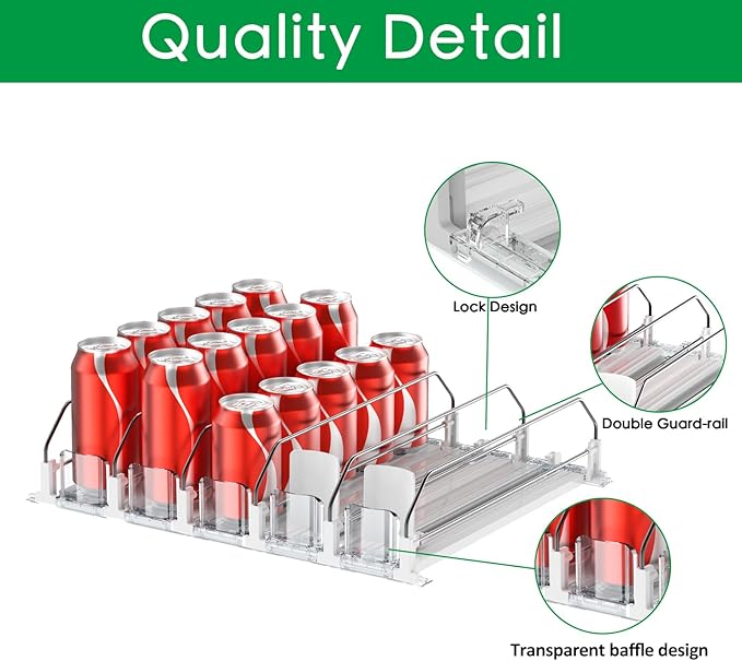 Drink Organizer for Fridge - White Automatic Pusher Glide, 12oz 16oz 20oz - Soda Dispenser for Fridge - Holds up to 25 Cans