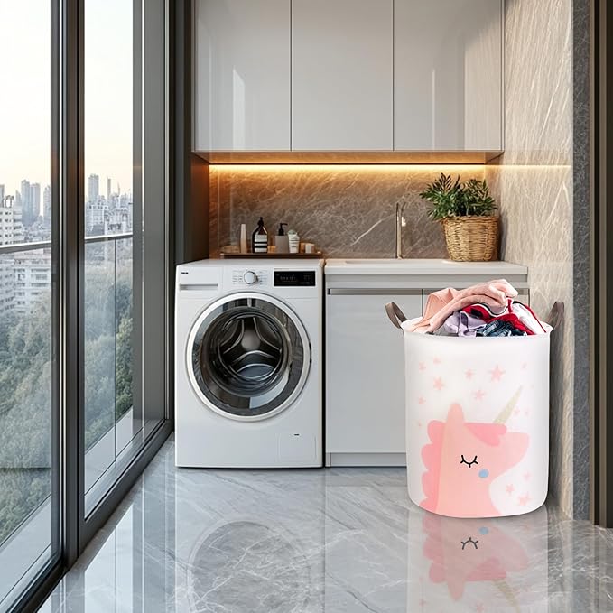 Mziart Kids Laundry Basket for Girls Boys, Cute Baby Laundry Hamper Waterproof Collapsible Large Storage Basket Nursery Toy Bin Home Decor Gift Baskets for Bathroom Bedroom 19.7 Inch (Pink Unicorn)