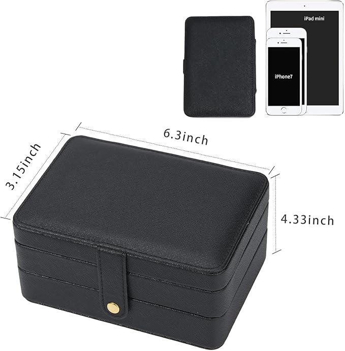 Travel Jewelry Organizer, PU Leather Small Jewelry Organizer for Women Girls, 2 Layers Portable Travel Jewelry Case for Stud Earrings, Rings, Necklaces, Bracelets(Black+Small)