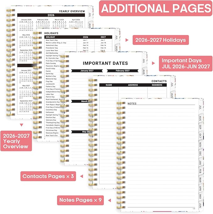 Academic Planner 2026-2027, Weekly and Monthly Calendar Book, July 2026 – June 2027, Hardcover Planner with Tabs, Perfect for Teachers, Students, Women & Men, A5 (6.4" x 8.5") - Songbird Bloom