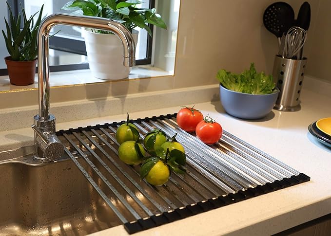 Ahyuan Roll up Dish Drying Rack Over The Sink Dish Drying Rack Square Tubes Dish Rack Over Sink Dish Racks for Kitchen Counter RV Camper Accessories for Travel Trailers (Black, 17.8''Wx17.2''L)