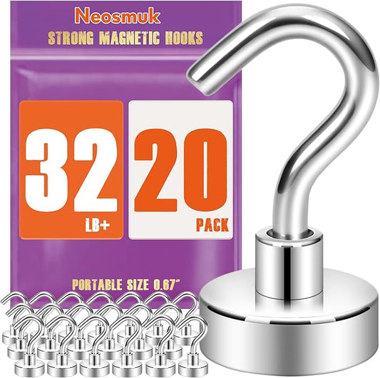 Neosmuk Magnetic Hooks, Cruise Ship Essentials, 32lb+ Heavy Duty Magnetic Hooks for Cruise Cabins, Refrigerator, Grill, Hanging, and Travel | Extra Strong Must-Have Magnet Hook, Silver Pack of 20