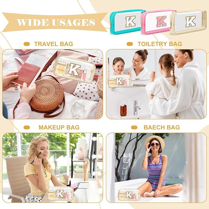 Personalized Initial Letter Clear Makeup Bag,Preppy Small Nylon&PVC Cosmetic Zipper Bag with Chenille Letter,Portable Beach Travel Skincare Toiletry Bag,Trendy Monogram Gift for Teen Girls Women,K