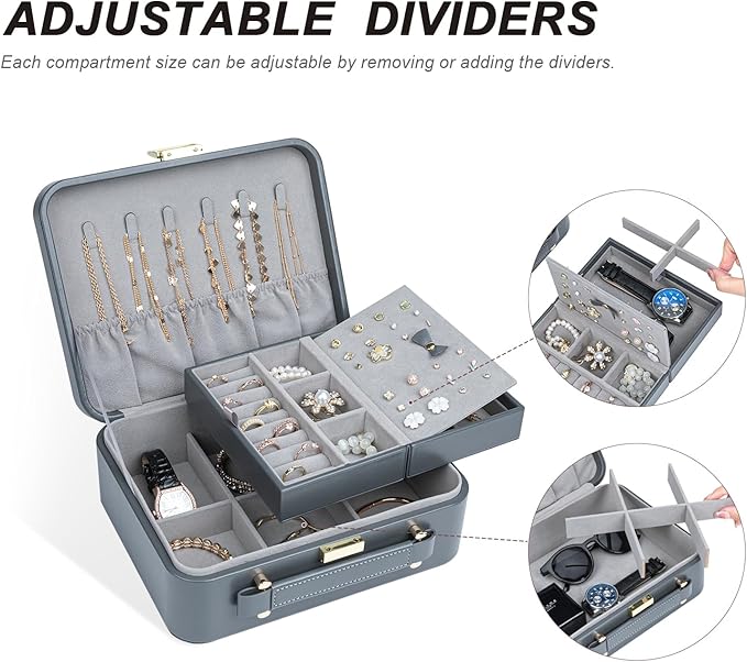 Travel Jewelry Case Large, Jewelry Box Large Jewelry Travel Organizer Jewelry Case with Handle, Best Gift for Women Girls, Grey