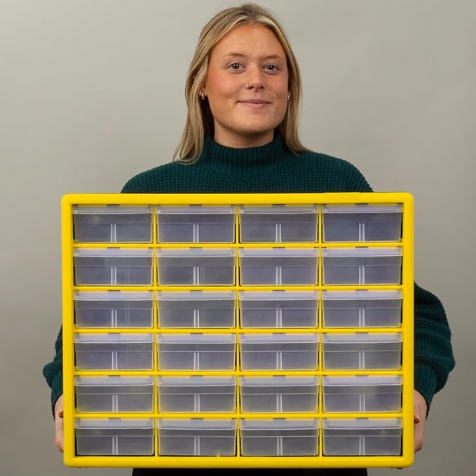 Akro-Mils 24-Drawer Plastic Drawer Storage Cabinet for Garage Organization, Bead Organizer, Building Bricks Storage, Teacher Toolbox, Makeup Organizer, 20-Inch W x 6-Inch D x 16-Inch H, 10124 Yellow