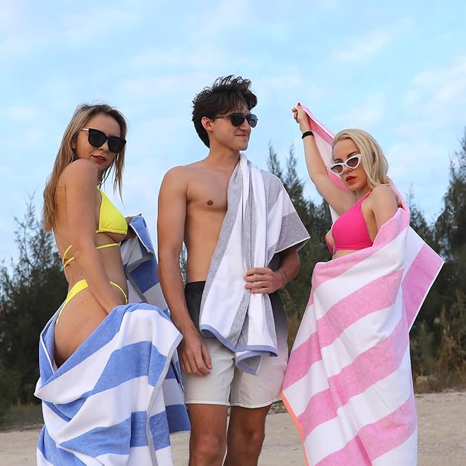 HENBAY Cotton Oversized Beach Towel - Large 70 x 35 Inch Pool Towel, Purple Striped Quick Dry Swimming Cabana Towel