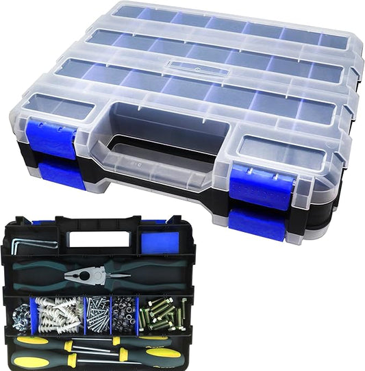 Tools Organizer Box Small Parts Storage Box 50-Compartment Double Side Hardware Organizers with Removable Plastic Dividers for Screws, Nuts, Nails, Bolts, Blue