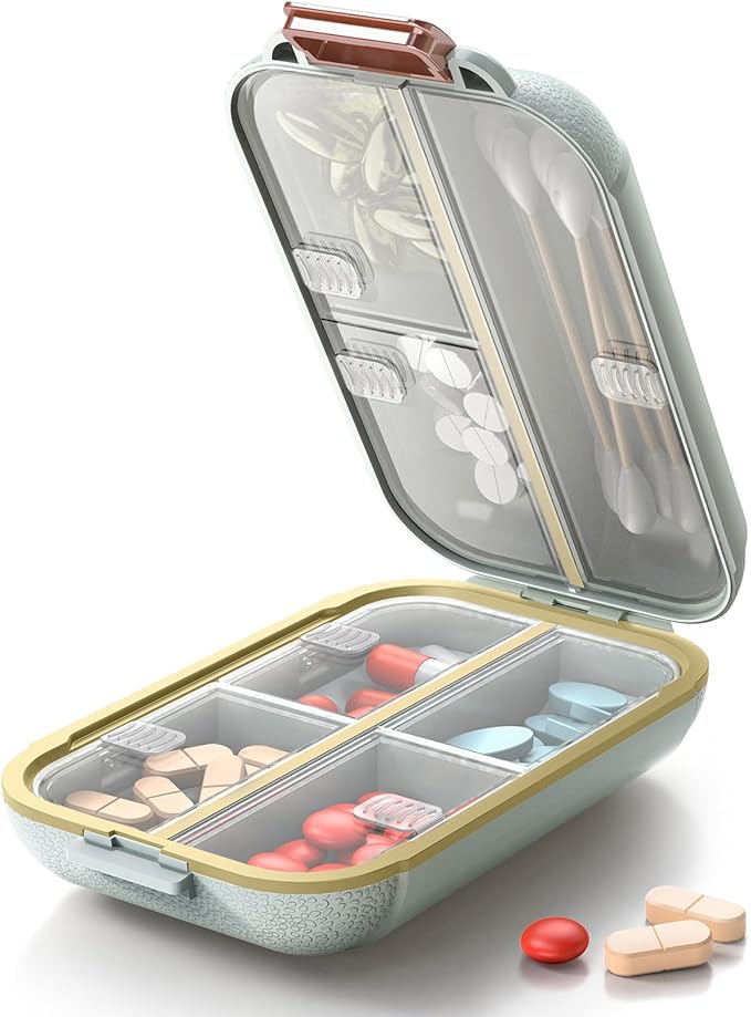 Portable Pill Organizer, Pill Box with 7 Compartments, Small Pill Case for Travel, Daily Medicine Pill Organizer with Air-Tight Lid, BPA-Free Material Pill Container (Green)